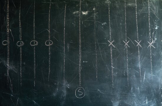 Chalkboard grid with circles, crosses, and single letter 'S' marks