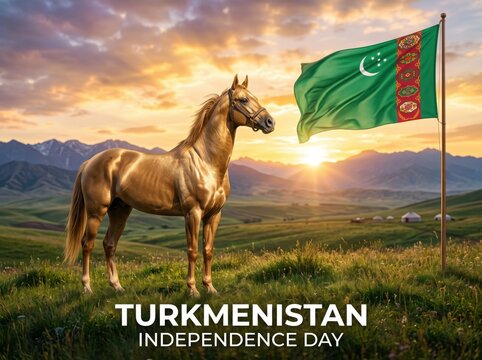 Golden akhal teke horse standing in a grassy meadow with the national flag of turkmenistan waving against a sunset sky over distant mountains and traditional yurts in the landscape