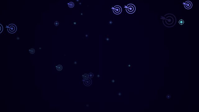 A dark blue background is scattered with numerous small purple and blue target each with an arrow in the center creating a pattern of goals and objectives in a digital or abstract space with a