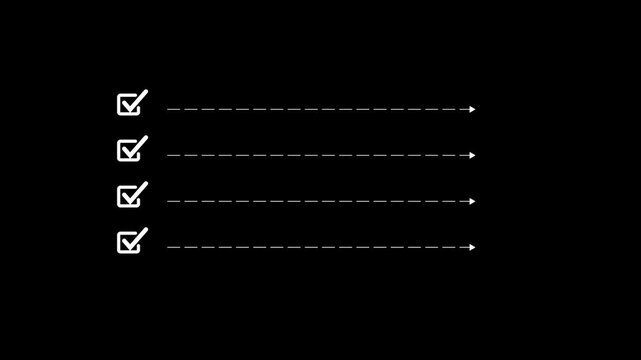 Four white checklist with checkmarks are aligned horizontally on a black background, each connected to a dashed line extending to the right, representing a completed task list or progress tracking