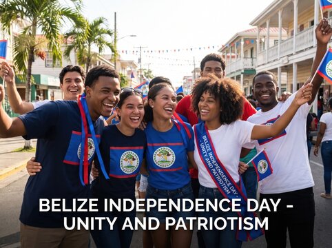 Group of diverse young students celebrating belize independence day outdoors wearing blue and white t-shirts with national flag emblems and waving small flags in a sunny street parade