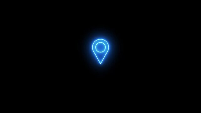 A bright blue neon outline of a map pin location marker glows intensely against a deep black background, signifying a digital destination or a point of interest with a futuristic feel. Keywords