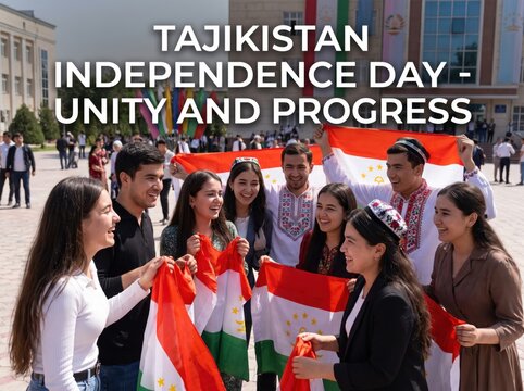 Group of young tajik students holding national flags of tajikistan during an outdoor celebration in front of a building with red white and green vertical banners on a sunny day