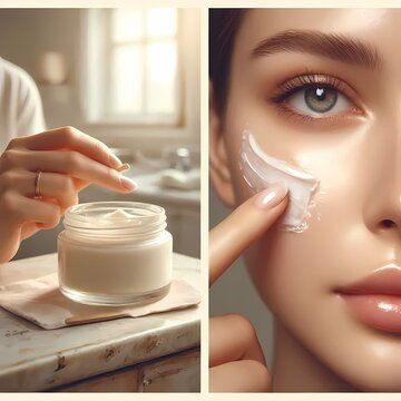 A split-screen composition showing a womans hand applying a cream on the left and a glowing skin close-up on the right, Ai generated image