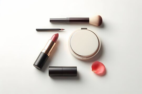 A flat lay composition of a complete makeup kit arranged on a white surface, including a lipstick, compact, eyeliner, and brush, Ai generated image