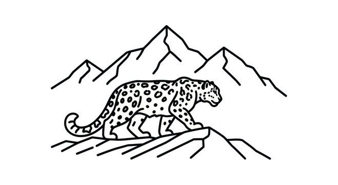 Snow leopard walking on mountain rocks line art.