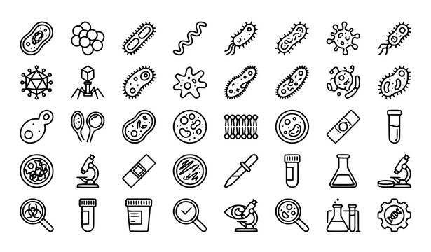 Microbiology Microorganism Bacteria and Scientific Research Line Icons