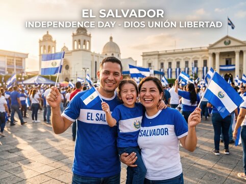 Happy family holding el salvador flags in a town square during independence day celebration with a historic cathedral building in the background under a golden sunset sky