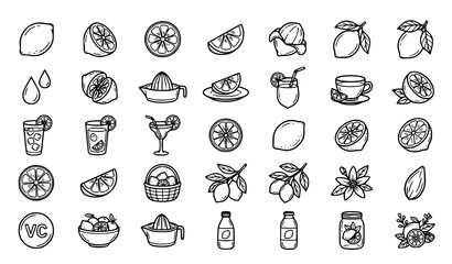 Obraz premium Lemon Citrus Fruit Lemonade and Vitamin C Thin Line Vector Icon Set
