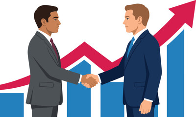 Fototapeta premium Business Partnership Illustration with Two Professionals Shaking Hands, Rising Growth Chart, Financial Success, Investment, and Corporate Strategy