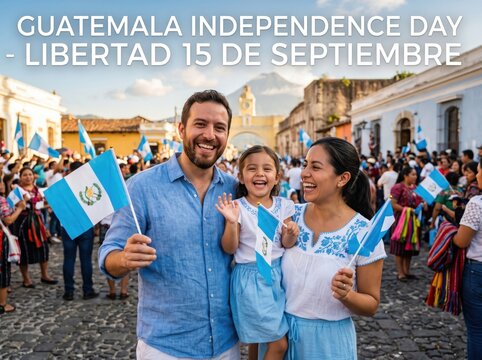 Happy family holding guatemala flags celebrating independence day in a historic cobblestone street with colonial buildings and a distant volcano under a blue sky