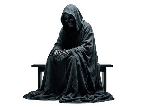 The grim reaper, a skeletal figure in a dark hooded cloak, sitting on a wooden bench, isolated on transparent background
