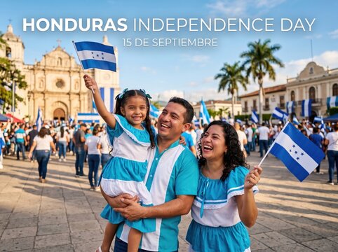 Happy family celebrating honduras independence day with blue and white flags in a town square with a colonial church in the background under a sunny sky