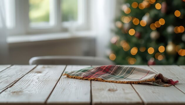Empty wooden table with plaid napkin in front of blurred Christmas tree lights and window background for holiday banner.