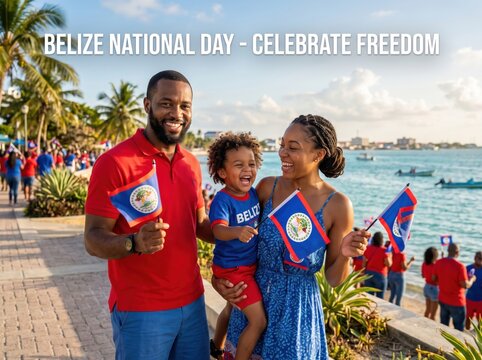 Happy family of three holding belize flags during a sunny outdoor celebration by the ocean with palm trees and boats in the background under a blue sky