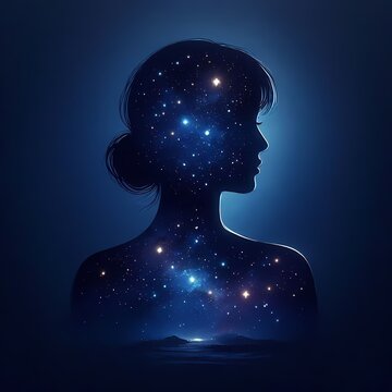 A conceptual scene of a womans silhouette filled with a starry night sky, representing the beauty of dreams and aspirations, Ai generated image