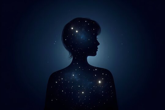 A conceptual scene of a womans silhouette filled with a starry night sky, representing the beauty of dreams and aspirations, Ai generated image