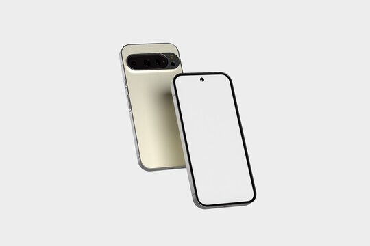 Modern Android smartphone mockup with blank display screen front and back view isolated on grey background 3d rendering