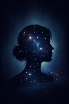 A conceptual scene of a womans silhouette filled with a starry night sky, representing the beauty of dreams and aspirations, Ai generated image