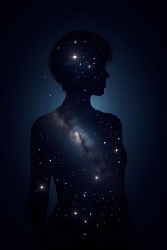 A conceptual scene of a womans silhouette filled with a starry night sky, representing the beauty of dreams and aspirations, Ai generated image