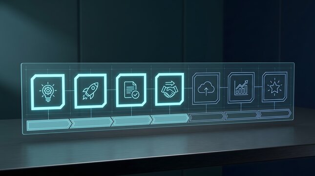 Futuristic digital glowing workflow timeline panel displaying business process strategy icons on dark office table