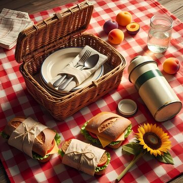 A flat lay of a retro picnic set with a wicker basket, thermos, sandwiches, and fruit, arranged on a red and white checkered blanket, Ai generated image