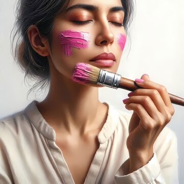 A conceptual portrait of a woman with a paintbrush in her mouth, painting a colorful stroke across her own cheek, Ai generated image