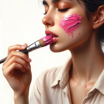 A conceptual portrait of a woman with a paintbrush in her mouth, painting a colorful stroke across her own cheek, Ai generated image