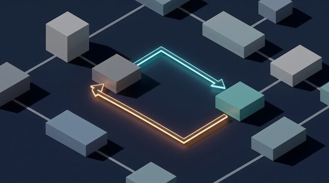 Isometric 3D diagram showing glowing neon arrows circulating data between connected gray block nodes on a dark digital network background