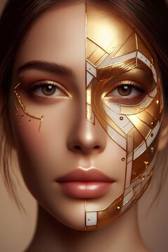 A conceptual scene of a womans face split in half, with one side natural and the other side adorned with geometric gold lines, Ai generated image