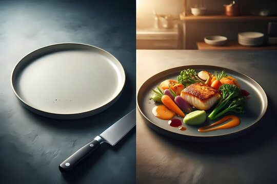 A split-screen image showing a plain white plate on the left and a beautifully plated gourmet meal on the right, with a single chefs knife in the center, Ai generated image