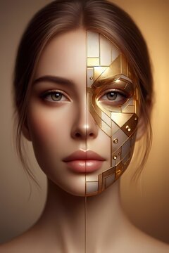 A conceptual scene of a womans face split in half, with one side natural and the other side adorned with geometric gold lines, Ai generated image