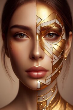 A conceptual scene of a womans face split in half, with one side natural and the other side adorned with geometric gold lines, Ai generated image