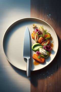 A split-screen image showing a plain white plate on the left and a beautifully plated gourmet meal on the right, with a single chefs knife in the center, Ai generated image