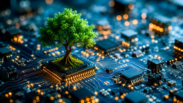 Sustainable technology concept with green tree growing from computer microchip, eco-friendly electronic circuit board, green computing