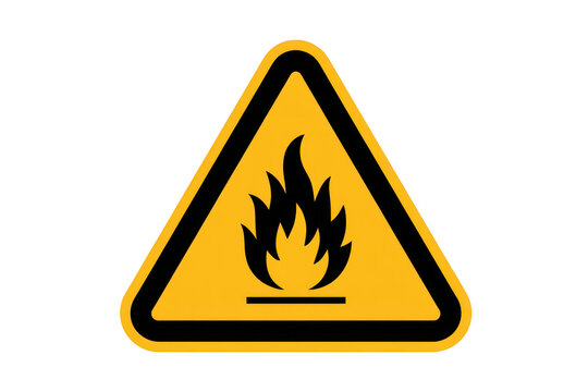 A yellow triangular warning sign featuring a black flame in the center, indicating a fire hazard or flammable safety warning