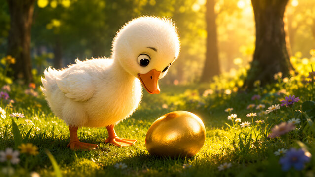 Adorable white duckling looking at golden egg in sunny meadow, cute baby duck in spring garden, whimsical Easter concept