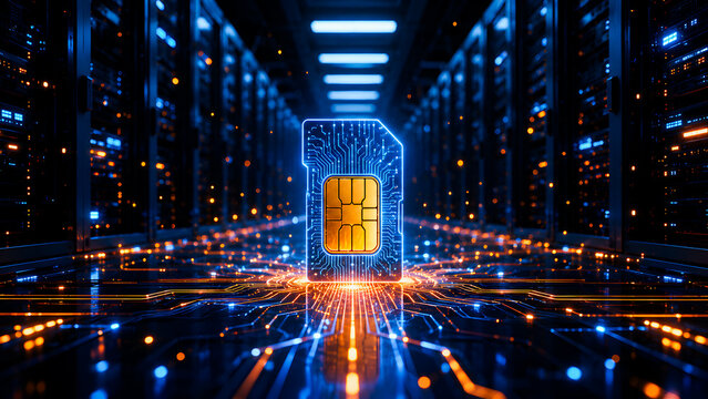 Futuristic digital SIM card glowing in data center, high tech eSIM chip on circuit board, mobile telecommunications and cloud server network