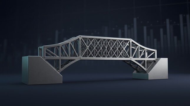 Steel truss bridge structure model with dark financial data chart background representing business connection and engineering strength