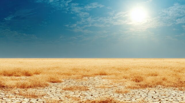 Parched Arid Farmland Under a Bright Sunny Sky with Cracked Earth and Withered Crops