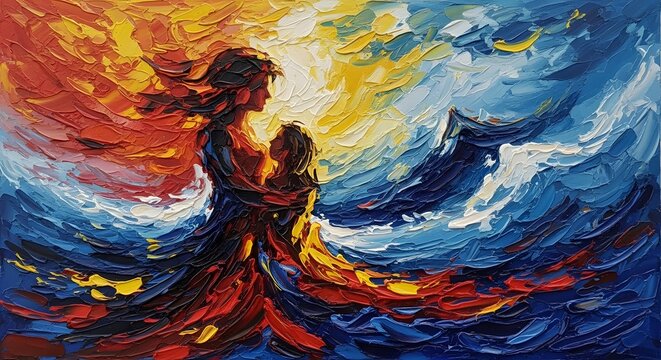Abstract artwork of mother and child embracing with vibrant colors and brushstrokes
