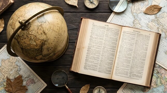 Globe and Dictionary Flat Lay Composition