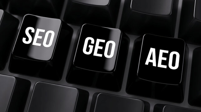 SEO, GEO and AEO acronyms on computer keyboard keys for digital marketing