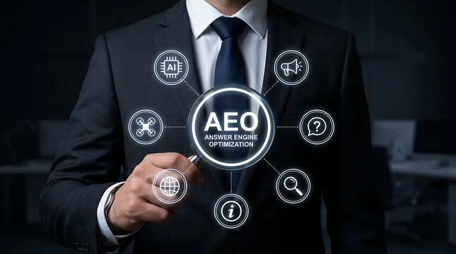 Businessman holding magnifying glass with AEO Answer Engine Optimization concept