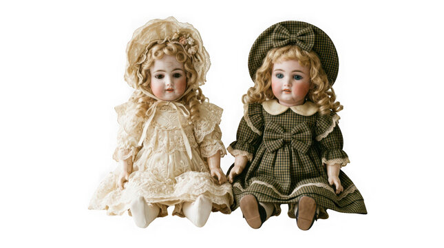 Two vintage antique porcelain bisque dolls isolated on transparent background