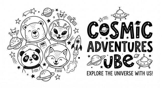Adorable Space Animals with 'Cosmic Adventures' Typography, jube Brand, and Tagline, Vector Line Art Doodle Set for Children's Prints, Posters, and Educational Materials, Isolated on White, 2026.