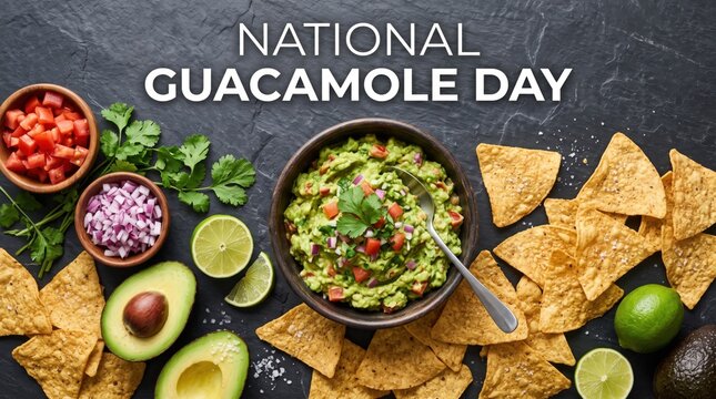 National guacamole day text overlay with fresh avocado bowl tortilla chips diced tomatoes red onion cilantro and lime wedges on a dark textured stone background