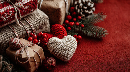 Fototapeta premium Christmas gift boxes wrapped in burlap and red decorations with a crocheted heart