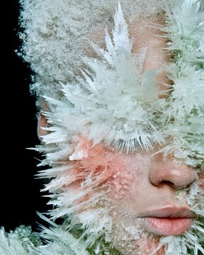 Human face formed by frozen razor sharp crystalline acoustic soundwaves shattering in vacuum with deep black void on the left for copy space.