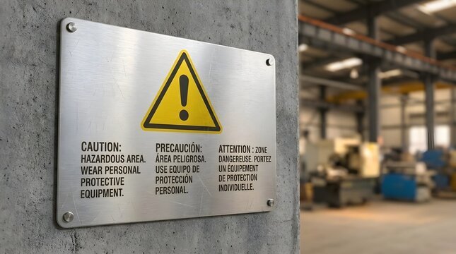 Multilingual Safety Sign in Workplace Close Up